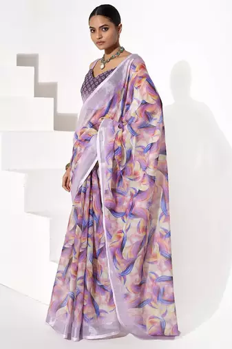 Purple cotton blend printed saree