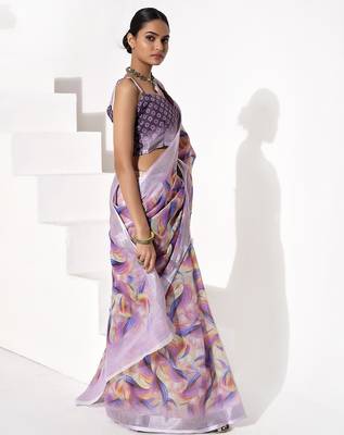 Purple cotton blend printed saree 5