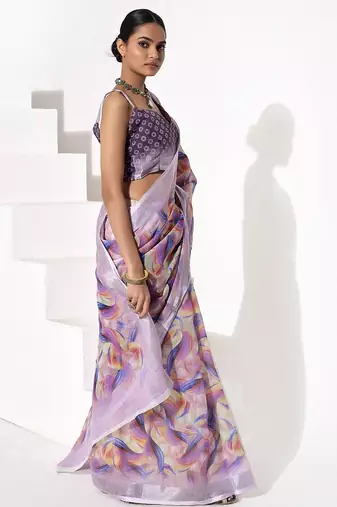 Purple cotton blend printed saree