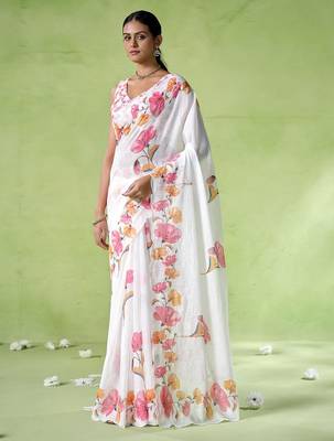 Off white cotton blend printed saree 1