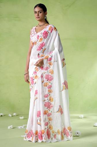 Off white cotton blend printed saree