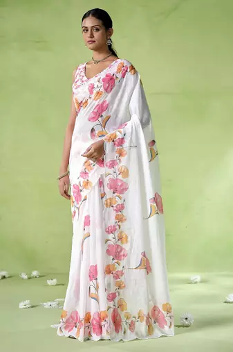 Off white cotton blend printed saree