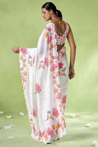 Off white cotton blend printed saree