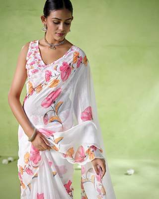 Off white cotton blend printed saree 3