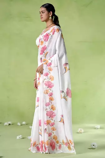 Off white cotton blend printed saree