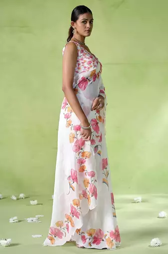 Off white cotton blend printed saree
