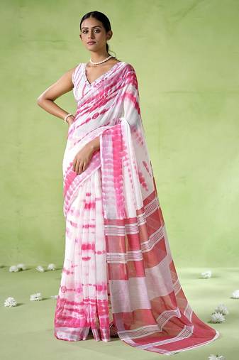 Off white cotton blend printed saree