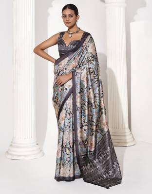 Grey silk blend printed saree 1