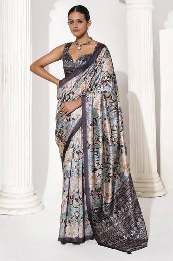 Grey silk blend printed saree