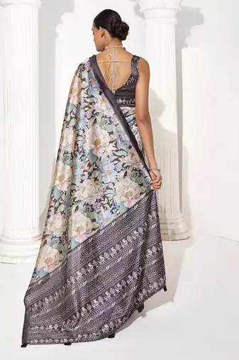Grey silk blend printed saree