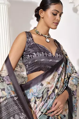 Grey silk blend printed saree