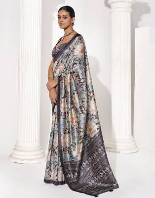 Grey silk blend printed saree 4