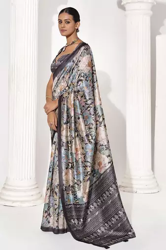 Grey silk blend printed saree