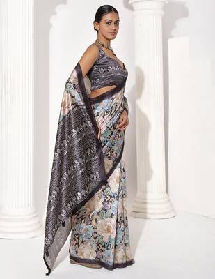Grey silk blend printed saree 5