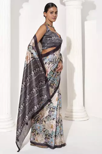 Grey silk blend printed saree
