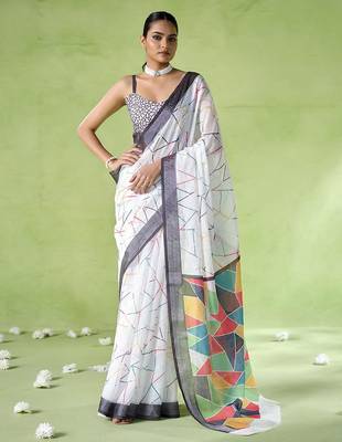 Off white cotton blend printed saree 1