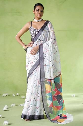 Off white cotton blend printed saree