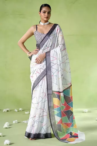 Off white cotton blend printed saree