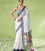 Off white cotton blend printed saree