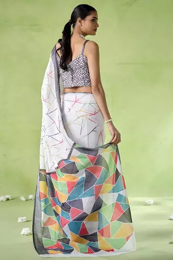 Off white cotton blend printed saree