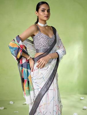 Off white cotton blend printed saree 3