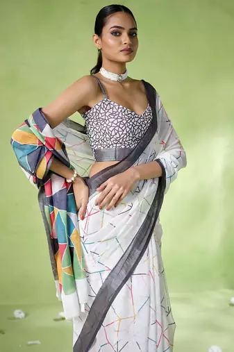 Off white cotton blend printed saree