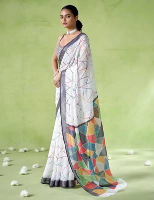 Off white cotton blend printed saree 4