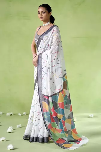 Off white cotton blend printed saree