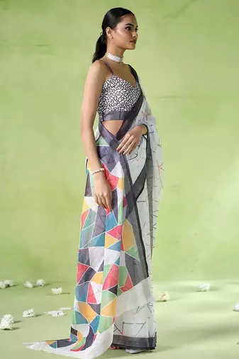 Off white cotton blend printed saree