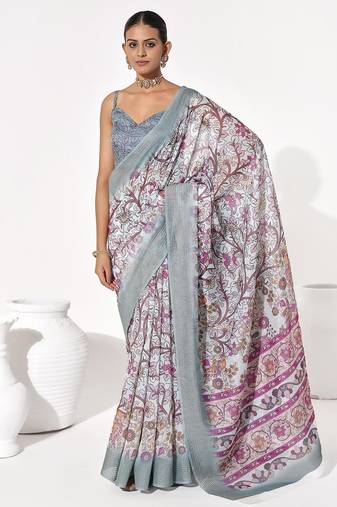 Grey cotton blend printed saree
