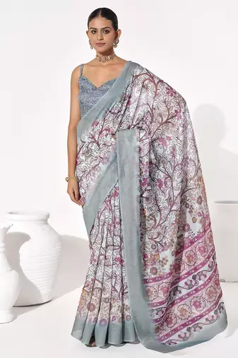 Grey cotton blend printed saree