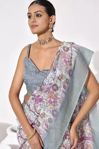 Grey cotton blend printed saree