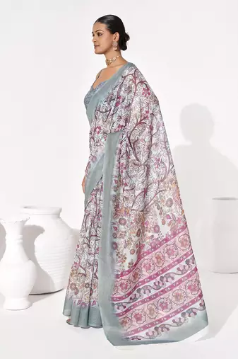 Grey cotton blend printed saree