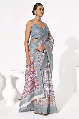 Grey cotton blend printed saree