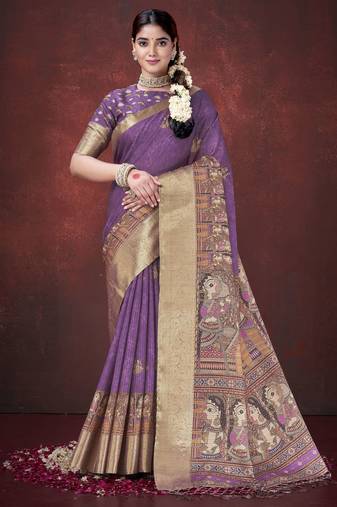 Purple silk blend jacquard printed saree