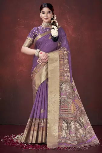Purple silk blend jacquard printed saree