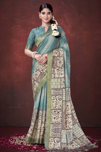 Sky blue silk blend jacquard printed saree