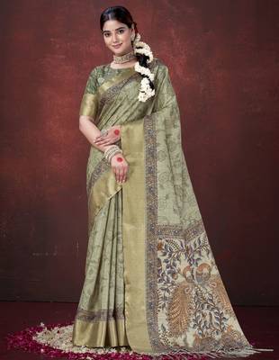 Pista green silk blend jacquard printed saree 1