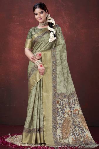 Pista green silk blend jacquard printed saree