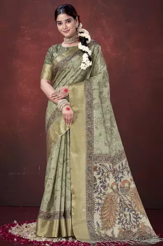 Pista green silk blend jacquard printed saree