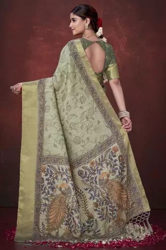 Pista green silk blend jacquard printed saree