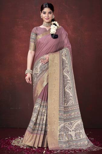 Pink silk blend jacquard printed saree