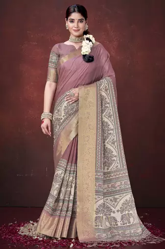 Pink silk blend jacquard printed saree