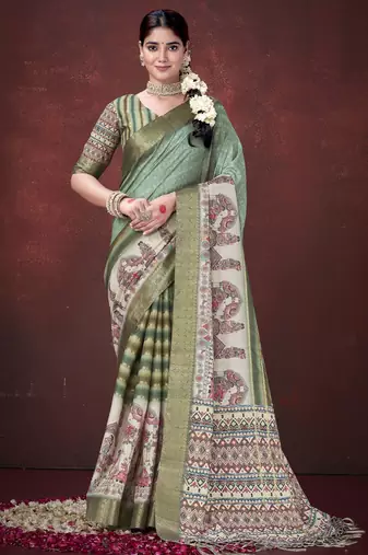 Green silk blend jacquard printed saree
