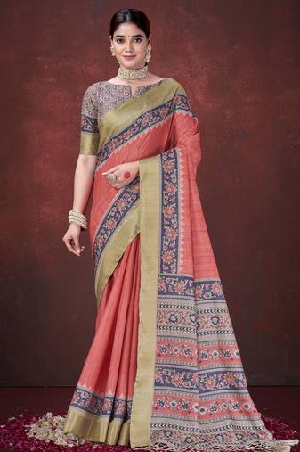 Red silk blend jacquard printed saree