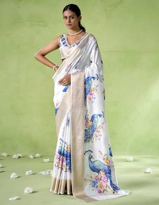 Off white silk blend printed saree 1