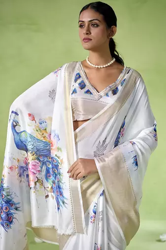 Off white silk blend printed saree