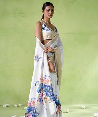 Off white silk blend printed saree 5