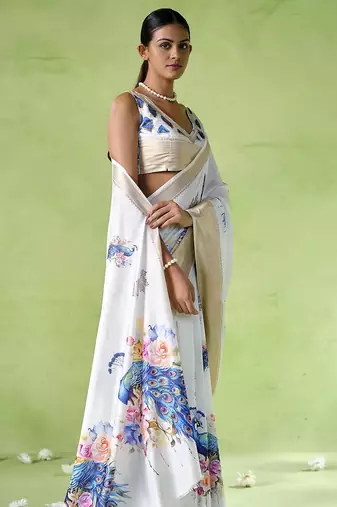 Off white silk blend printed saree