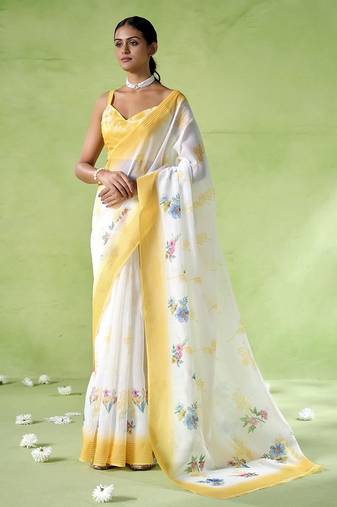 Yellow silk blend printed saree
